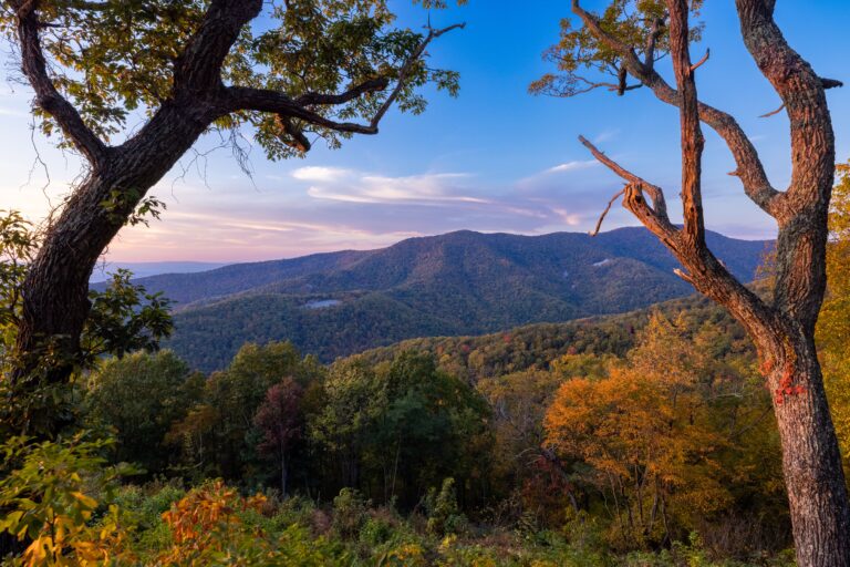 Scenic view of the Shenandoah National Park under dawn sky at sunrise in Virginia, United States