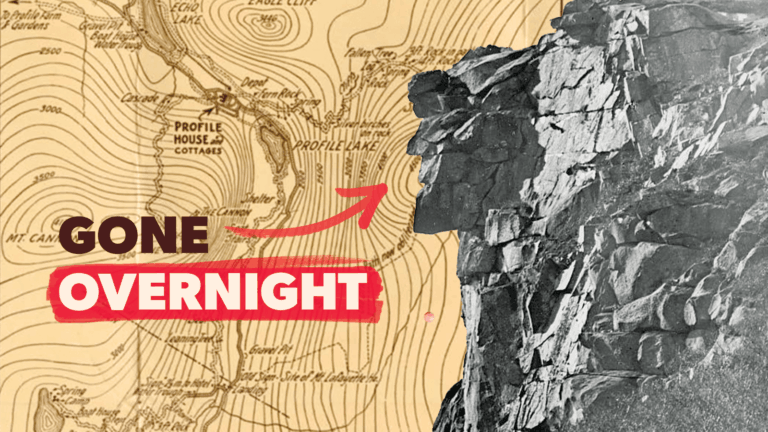 The rugged profile of New Hampshire's Old Man of the Mountain looking out across a dated map of Franconia notch that has the word "Gone Overnight" written on it with an arrow mysteriously pointed towards the stone profile